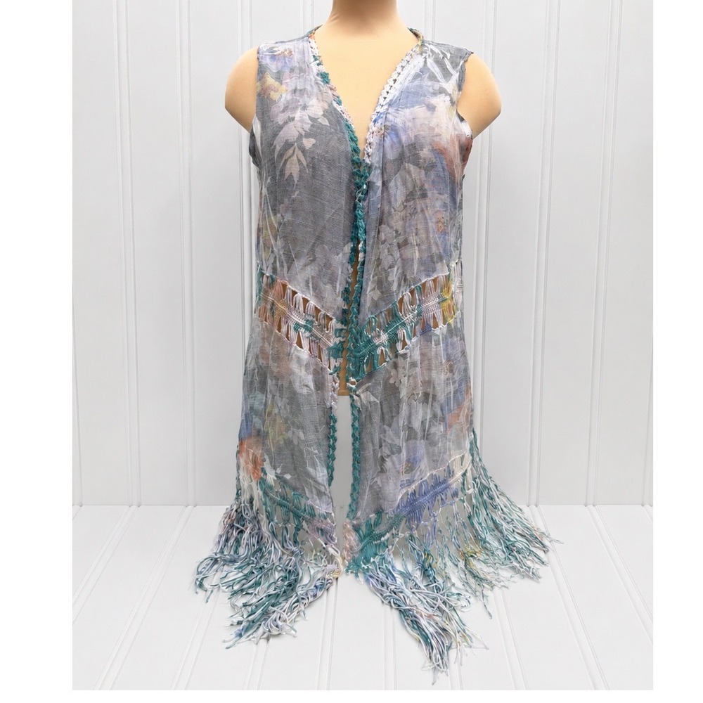 Lapis Floral Fringe Vest Womens Medium‎ Blue Crochet Boho Festival Layering Swim